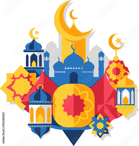 Artistic collage of symbolic islamic elements including mosques lanterns and geometric stars celebrating religious heritage in a creative vector design