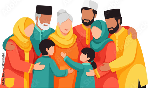 Authentic multi-generational muslim family group hug representing unity and love during a festive gathering