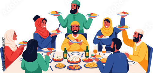 Bountiful family feast where relatives gather around a table filled with authentic traditional cuisine