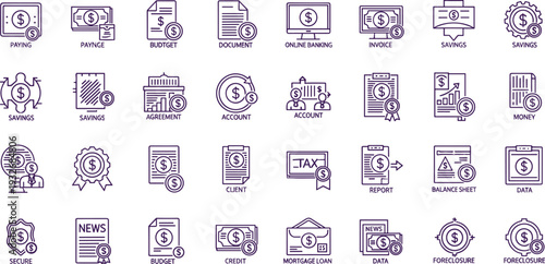Comprehensive Banking and Financial Services Line Icons with Purple Accent Isolated on White Background for Accounting, Credit, and Mortgage Design