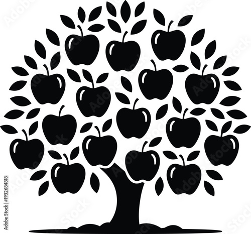 Stylized black silhouette illustration of apple tree with eighteen apples on branches, representing agriculture, fruit harvest, nature, farming, and educational design concepts