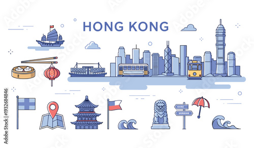 Hong kong iconic landmarks and symbols illustration with city skyline