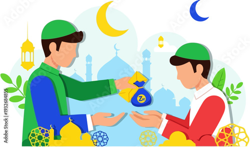 Compassionate act of giving charity as one man hands a zakat bag to another against a backdrop of mosque silhouettes