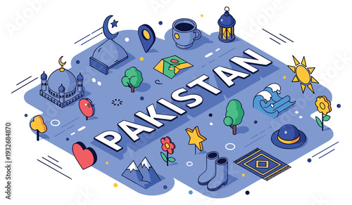 Colorful icons representing pakistani culture and landmarks