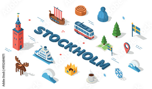 Stockholm icon set: scandinavian symbols with moose, viking ship, and swedish flag