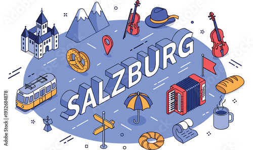 Salzburg-themed illustration featuring city landmarks and cultural symbols