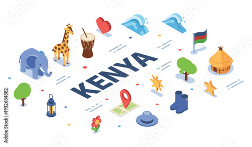 Isometric illustrations of kenya: wildlife, nature, and culture