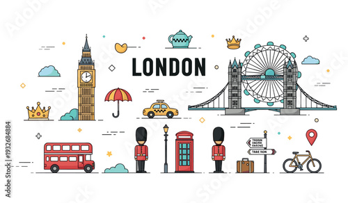 London iconic landmarks: big ben, tower bridge, and more in illustrated style with guards