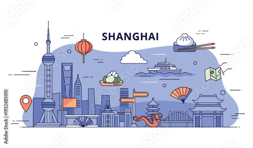 Shanghai skyline with oriental pearl tower and cultural icons