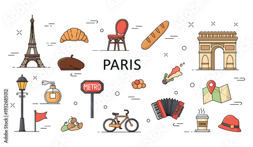 Parisian icons: eiffel tower, croissant, baguette, arc de triomphe, metro, bicycle, coffee