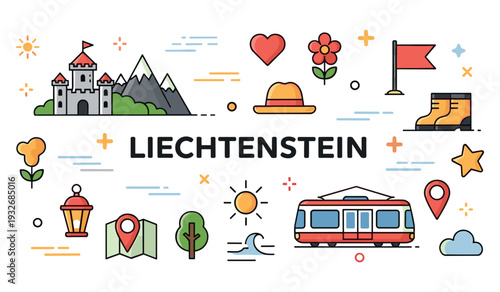 Liechtenstein landmarks and icons: mountains, castle, map, transportation, nature elements