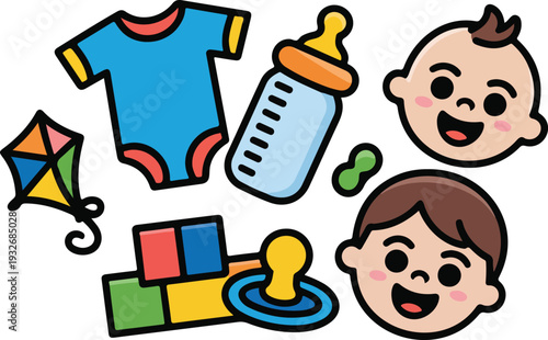Baby toys and accessories cartoon vector icons collection including pacifier, onesie, baby bottle, building blocks, kite, and baby girl face.