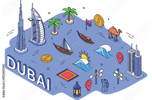 Dubai icons: burj khalifa, palm trees, dhow, camel, and coins in artistic illustration