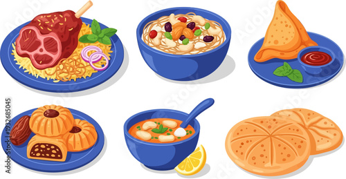 Delectable assortment of traditional middle eastern culinary delights including savory lamb lentil soup and sweet pastries presented in vibrant blue bowls