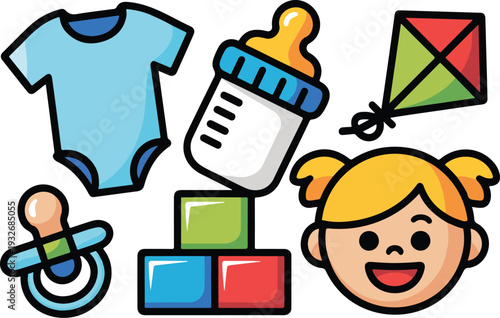 Baby toys and accessories cartoon vector icons collection including pacifier, onesie, baby bottle, building blocks, kite, and baby girl face.