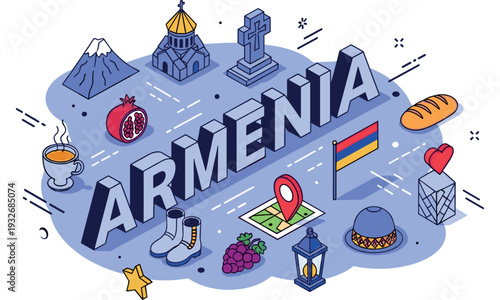 Armenia icons: culture, landmarks, and traditions illustrated in vibrant colors