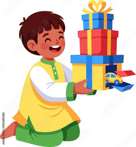 Delighted young boy opening a gift box to reveal a toy car during a festive celebration in a bright and happy vector art