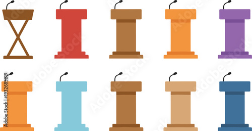Minimal hand-drawn vector illustration set of podiums with microphones in clean outline style and consistent stroke width
