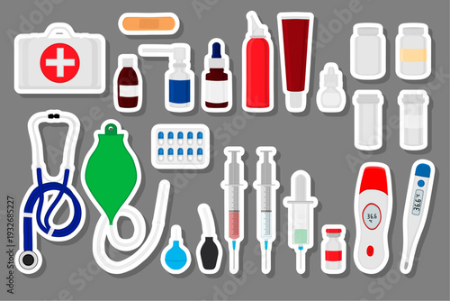 Big colored set different types of syrup in vial