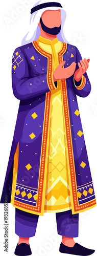 Elegant portrayal of a muslim man in a highly decorative purple and gold traditional robe standing in a posture of sincere prayer