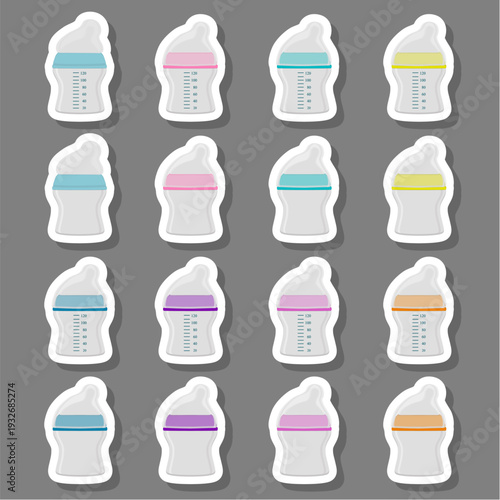 big colored set of baby milk in bottle with soft rubber pacifier