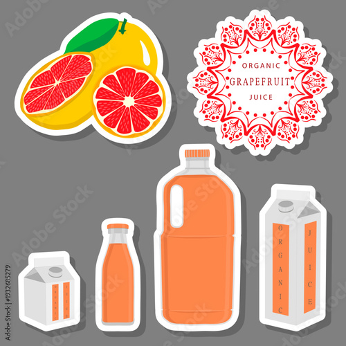big set different types of juice grapefruit in bottle
