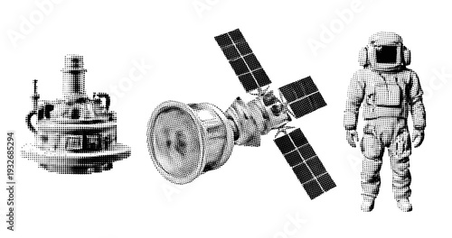 Retro halftone space icons: satellite, module, astronaut