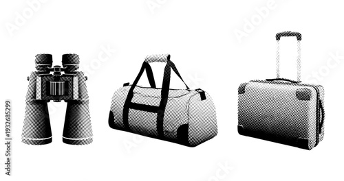 Halftone binoculars, duffle bag, and suitcase trio in black and white