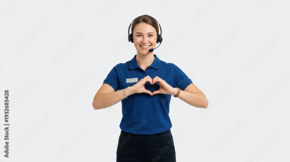 Fototapeta premium Cheerful customer service woman making heart shape hands isolated on white