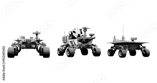 Monochrome render of three mars rovers in stylized art