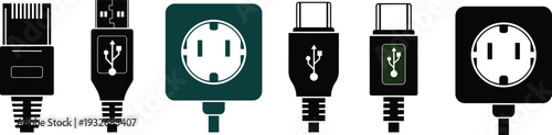 USB Cable and Power Plug Icons Set, Electrical Connectors and Socket Adapter Flat Vector Illustration Isolated on White Background