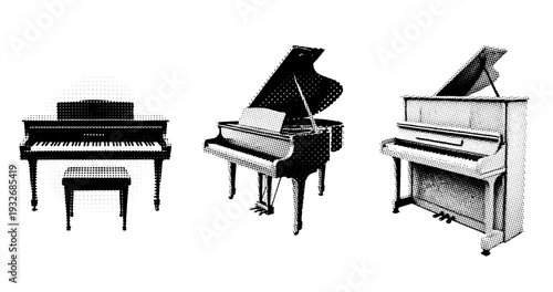Vintage dot art of three classic pianos with benches