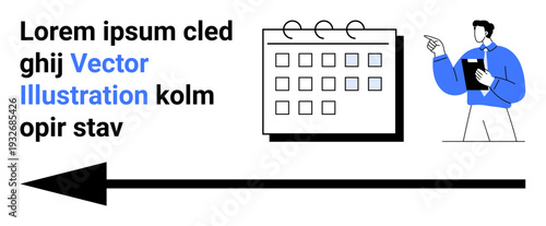 Time management, business planning, workflow organization, scheduling, deadlines, goal setting. A calendar, arrow indicating direction and a person holding a notebook. Time management and business