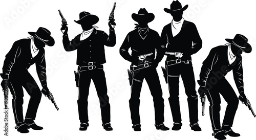 Wild West Cowboy Silhouettes Collection Set, Western Gunfighter Characters with Revolvers Vector Illustration Isolated on White Background