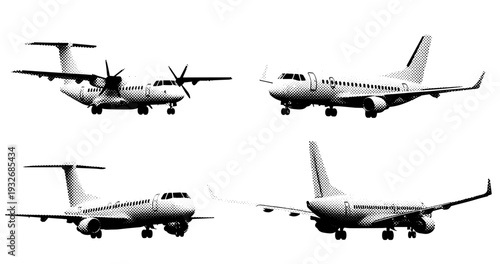 Set of four monochrome passenger airplanes in halftone style
