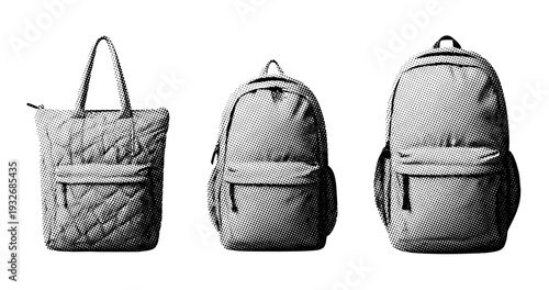 Three classic backpacks in black and white with polka dot design