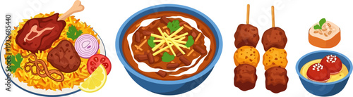 Exquisite culinary display of traditional middle eastern dishes featuring aromatic rice and savory meats