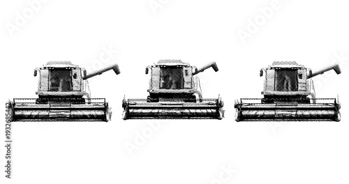 Vintage halftone farming: three combine harvesters in a row