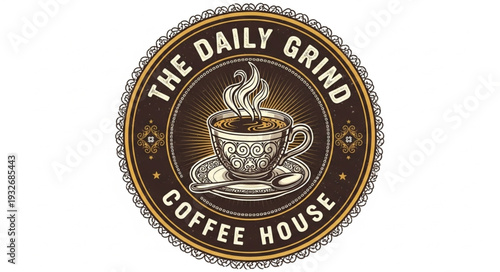The Daily Grind Coffee House Logo - A Detailed Circular Emblem.