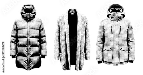 Monochrome fashion: puffer jacket, cardigan, and hooded parka in halftone style