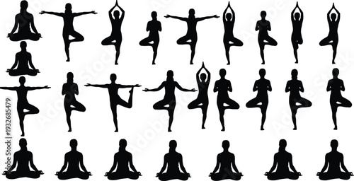 Yoga Poses Silhouette Collection Set, Meditation and Tree Pose Black Vector Illustration Isolated on White Background
