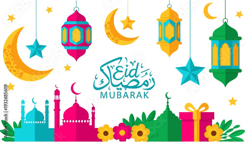 Festive eid mubarak greeting banner adorned with colorful lanterns mosque silhouettes and floral accents in a vibrant contemporary style