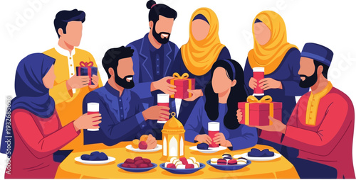 Generous group of friends exchanging gifts and refreshments around a yellow table in a lively social gathering