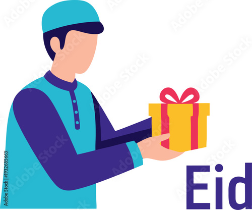 Generous muslim man in a blue tunic presenting a bright yellow gift box as a token of kindness for the eid celebration
