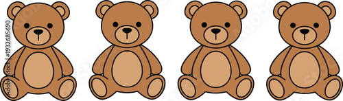 Minimal hand-drawn teddy bear vector illustration set showing cute cartoon bears sitting upright in clean line art style