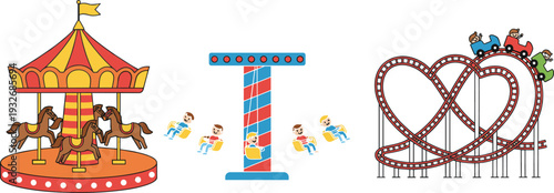 Minimal hand-drawn vector illustration of amusement park rides including carousel, swing ride, and roller coaster in clean line art style