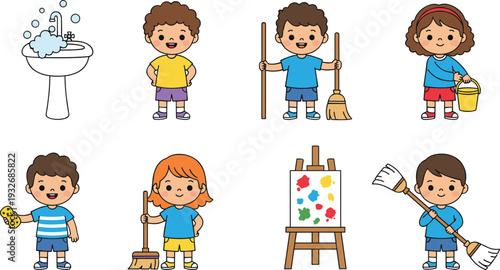 Minimal hand-drawn vector illustration of children cleaning with broom, bucket, sponge, and rake alongside creative painting activities in line art style