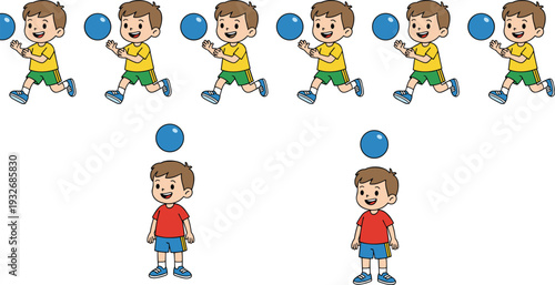 Minimal hMinimal hand-drawn vector illustration of boy running and playing with ball in progressive motion sequence shown in clean line art style
