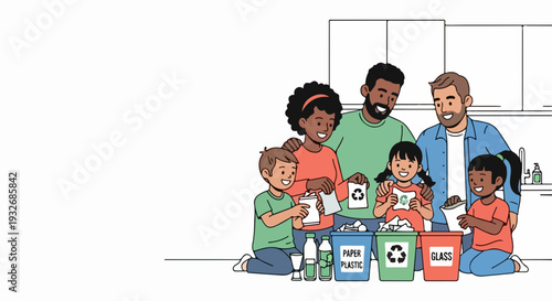Diverse family recycling household waste, sorting into color coded bins. Children actively participate in family recycling process, separating plastic, paper, and glass.