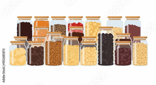 Assortment of food jars displaying various dry goods, grains, pasta, beans, and lentils. These food jars provide organized storage for nuts, seeds, spices. Efficient food jars for pantry,
